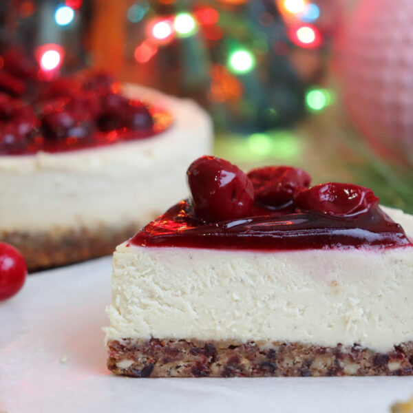 delicious piece of cherry cheesecake at Sophie Sucree Vegan Bakery in Montreal