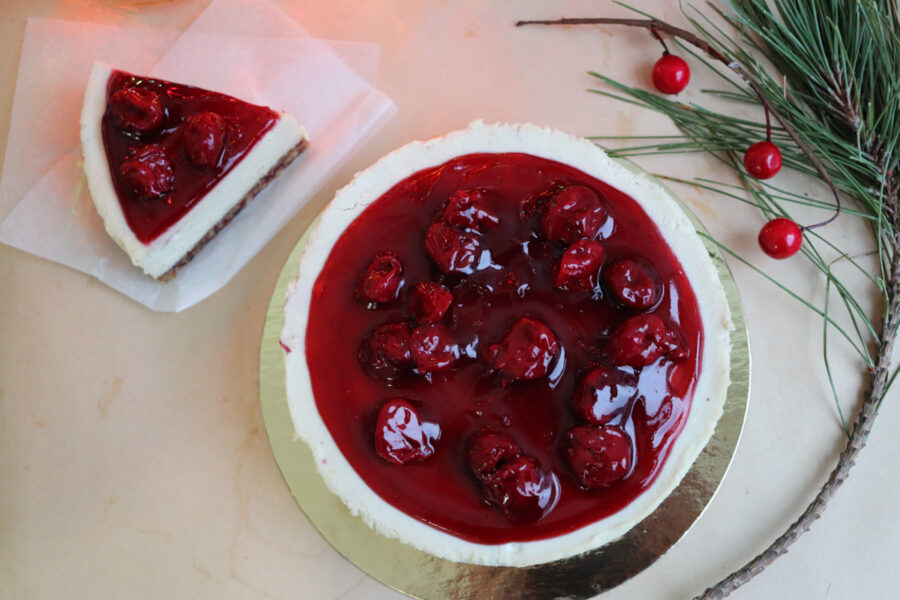 A full cherry cheesecake at Sophie Sucree Vegan Bakery in Montreal