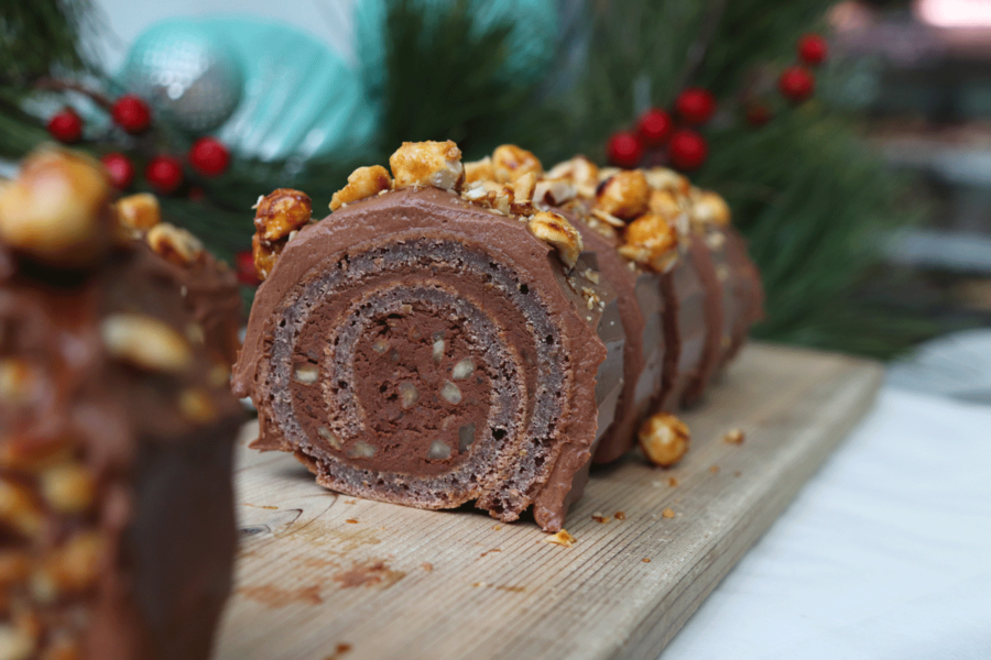 Chocolate Hazelnut Yule log for Winter delicacy in Montreal