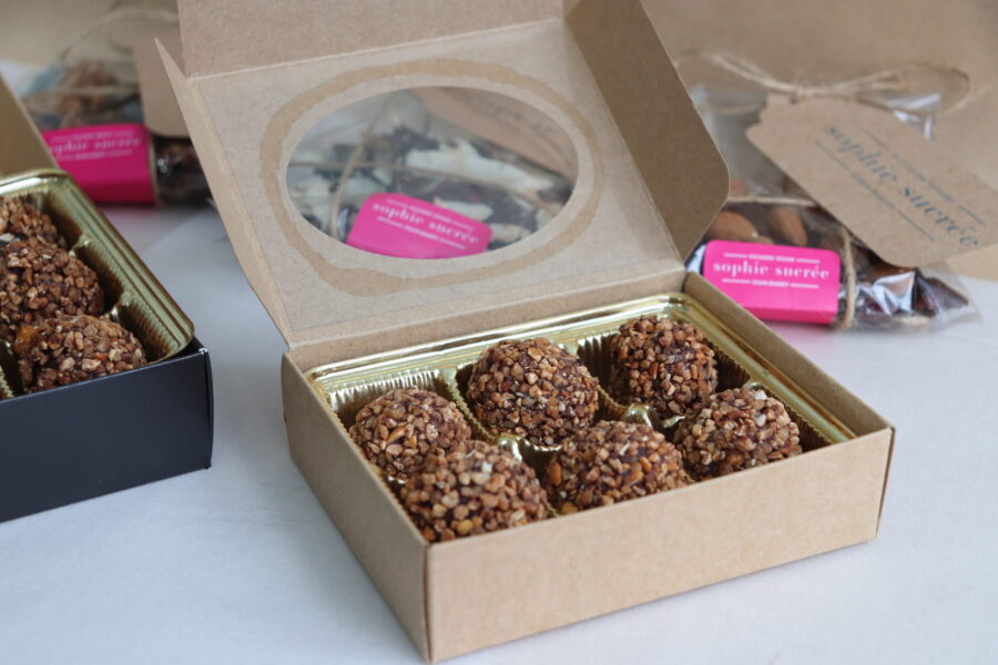 Box of 6 Chocolate Hazelnut Vegan Artisanal Truffles made in small batches in montreal by sophie sucree for the winter holidays
