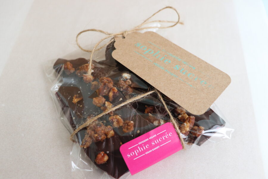 Vegan Chocolate Bark Pecan Praline small batch made in montreal by sophie sucree for the winter holidays