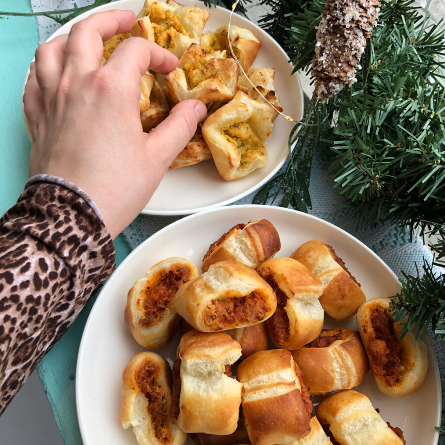 textury smooth ready-to-bake mini vegan cheese puffs and fennel sausage puff pastries at Sophie Sucree vegan bakery in Montreal